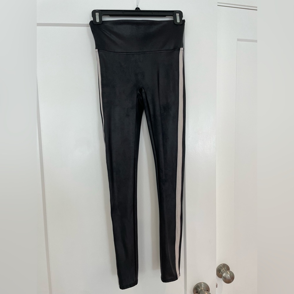 SPANX Black Faux Leather Leggings with Cream Side Stripe